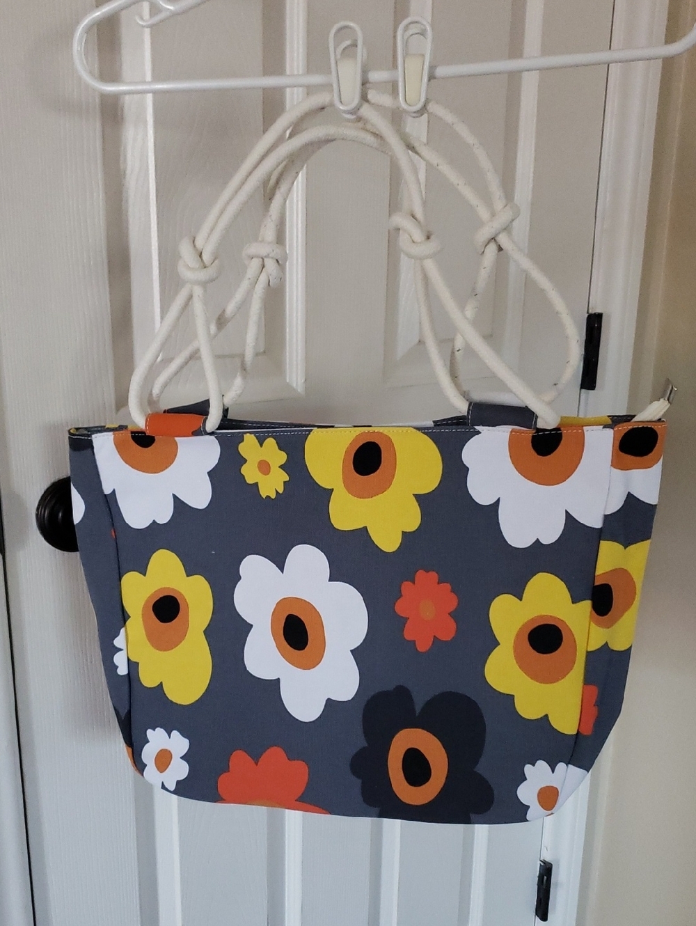 Floral Canvas Tote Bag in Gray, Yellow & White